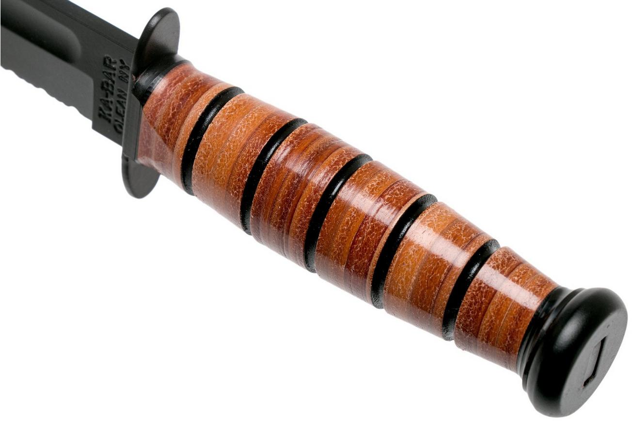 KA-BAR Short USMC 1252 deels gekarteld, vaststaand mes, lederen foedraal