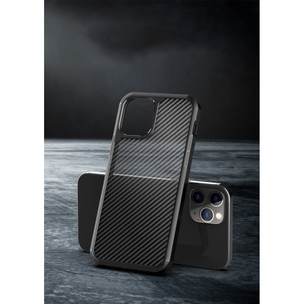 iPhone 12 / iPhone 12 Pro Hybrid TPU Bumper Case Schutz Hülle Carbon Look - Schwarz / Transparent