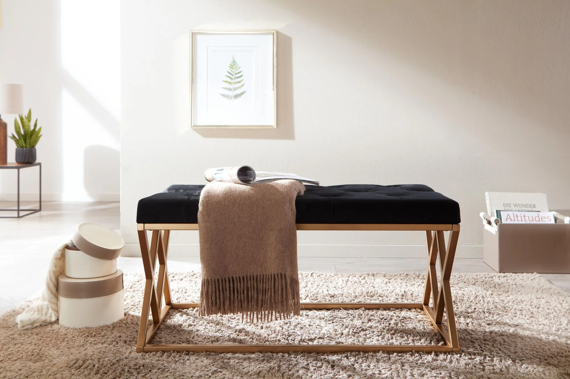 KADIMA DESIGN Elegante Samt Polsterbank, Chesterfieldmuster, goldenes Metallgestell, 90 cm Breite, kompakt und vielseitig