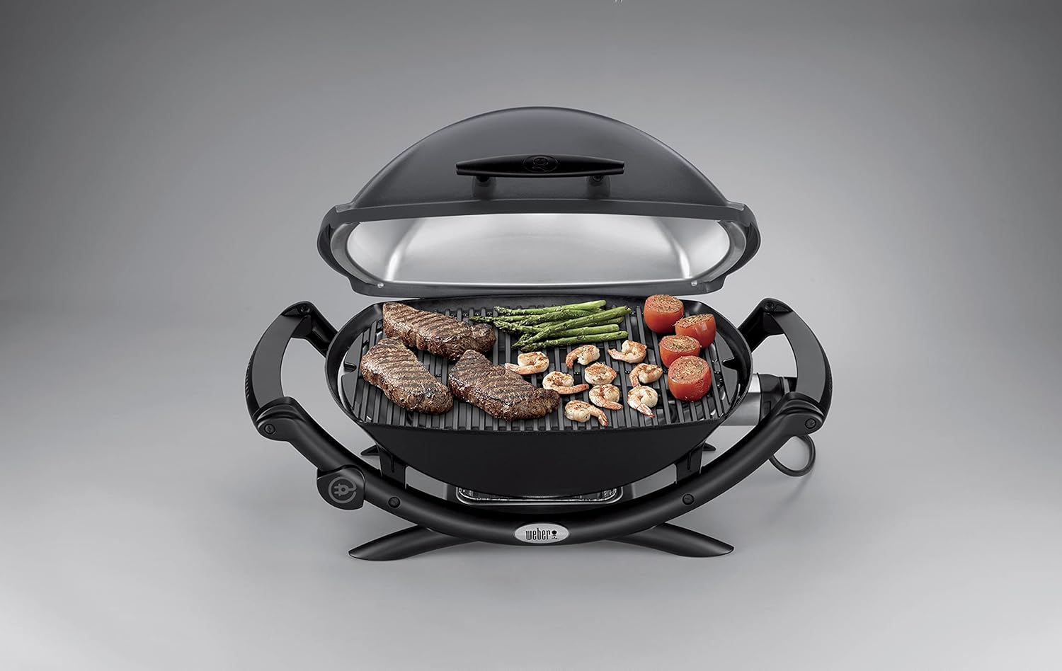 Weber Q2400 Barbecue électrique avec support + tablettes latérales, surface de cuisson 54 x 39 cm, grille en fonte émaillée (2 parties), couvercle et cuve en fonte d'aluminium - Gris foncé (55020053)