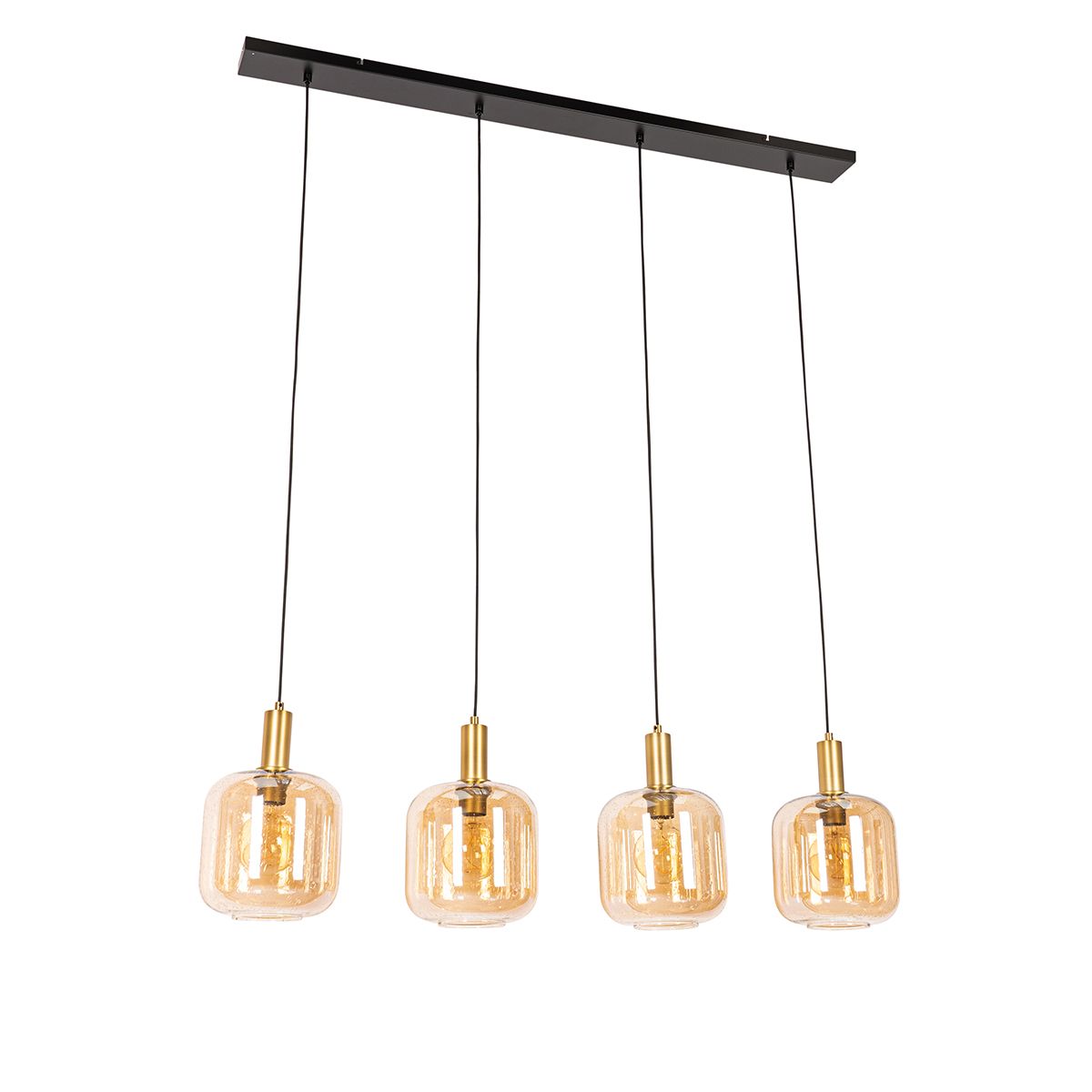 Smart hanglamp zwart met messing en amber glas 4-lichts incl. 4 Wifi G95 - Zuzanna