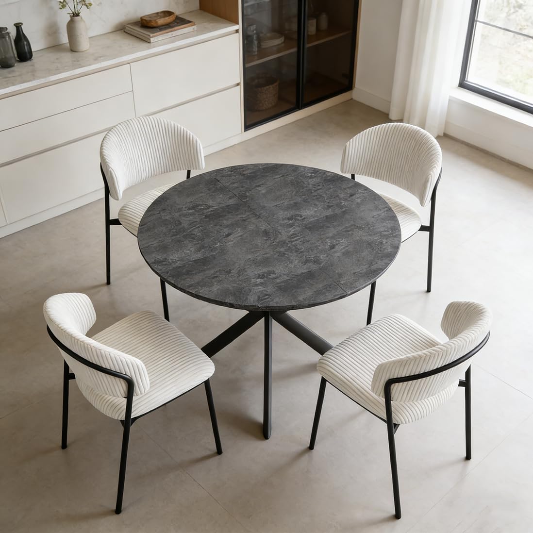 JIEXI Ausziehbarer runder Esstisch-Set, 120-160 cm, dunkles Rhein-Finish, MDF-Platte mit Metallrahmen, moderner zeitgenössischer Stil (1 Tisch + 4 weiße Stühle, 120-160 cm)