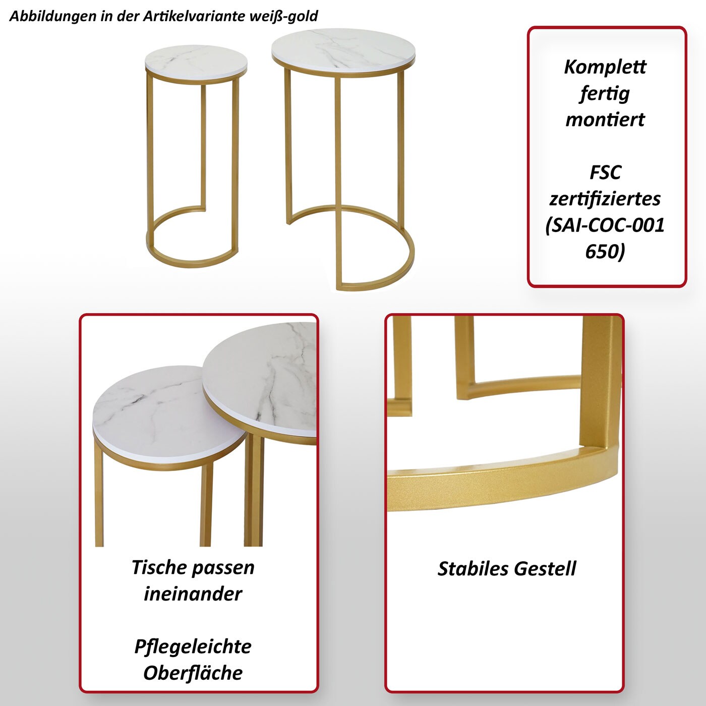 2er-Set Beistelltisch MCW-K46, Kaffeetisch Nachttisch Loungetisch, Marmor-Optik MDF ~ schwarz-gold