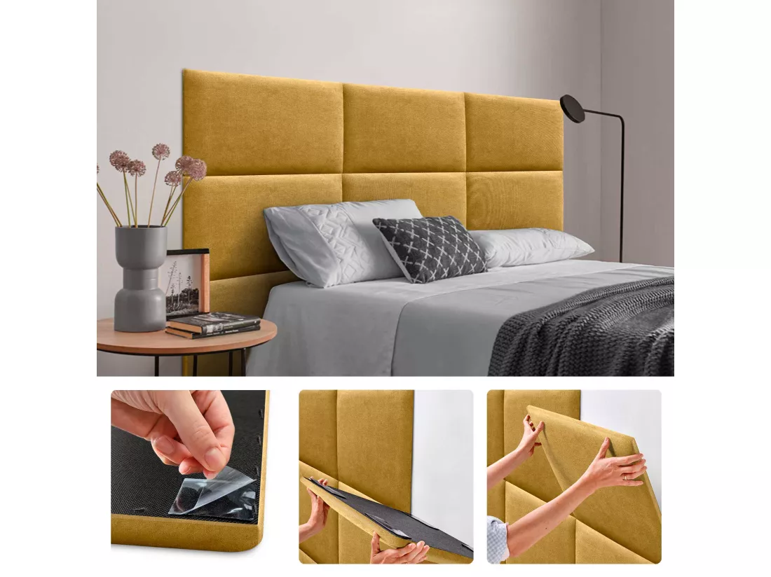 DHOME Lot de 6 Panneaux Rembourrés en Tissu Aqualine Autocollants pour Mur Acoustiques Absorbants Protection contre les Chocs (Moutarde, 60x40cm, x6)