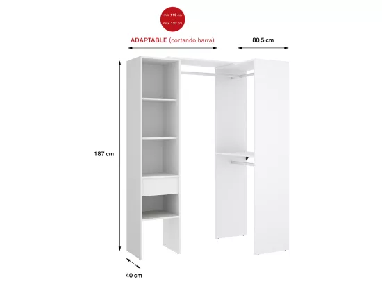 Armoire dressing double en bois mélaminé coloris blanc - Longueur 98 x Profondeur 41 x Hauteur 187 cm