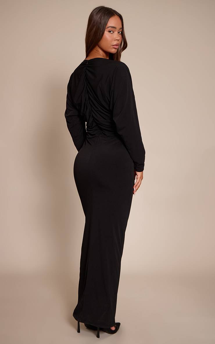 Noir Robe Maxi Moulante À Manches Chauve-souris Col Plongeant Froncée En Tissu Slinky Plt Label