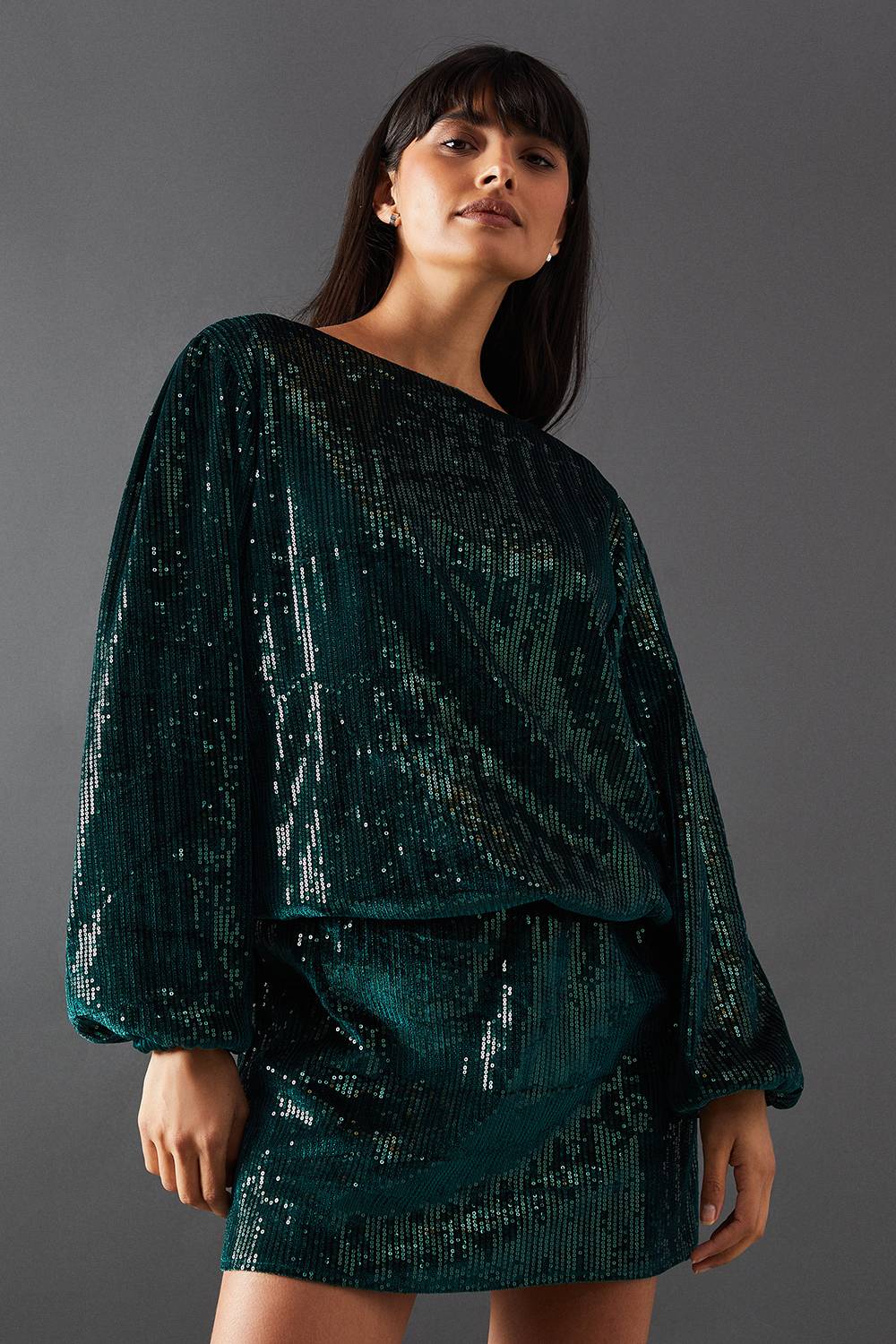 Warehouse Robe Mini à Manches Longues Blouson en Velours à Sequins