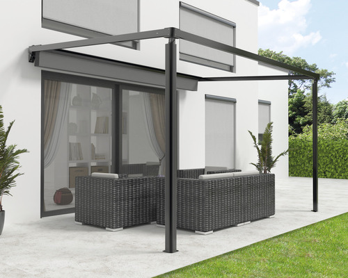 Pergola met stoffen dak 3,94x3,94, doek effen antraciet, frame RAL 9011 grafietzwart, inclusief motor, afstandsbediening en LED-verlichting (wandmontage)