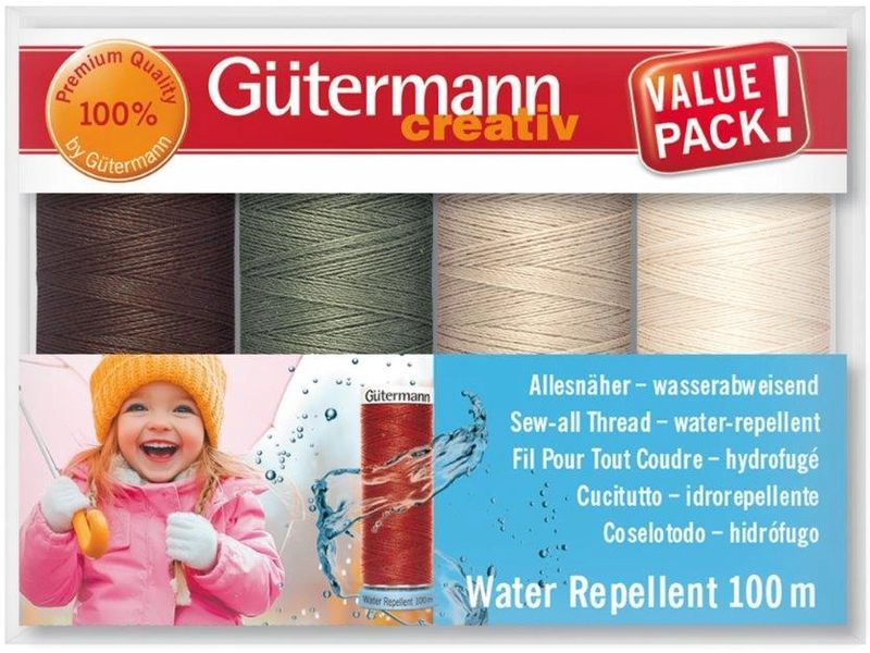 Gütermann Nähgarn-Set Water Repellent 4 Stück, Beige/Braun/ Wasserabweisender Universalnähfaden im Set