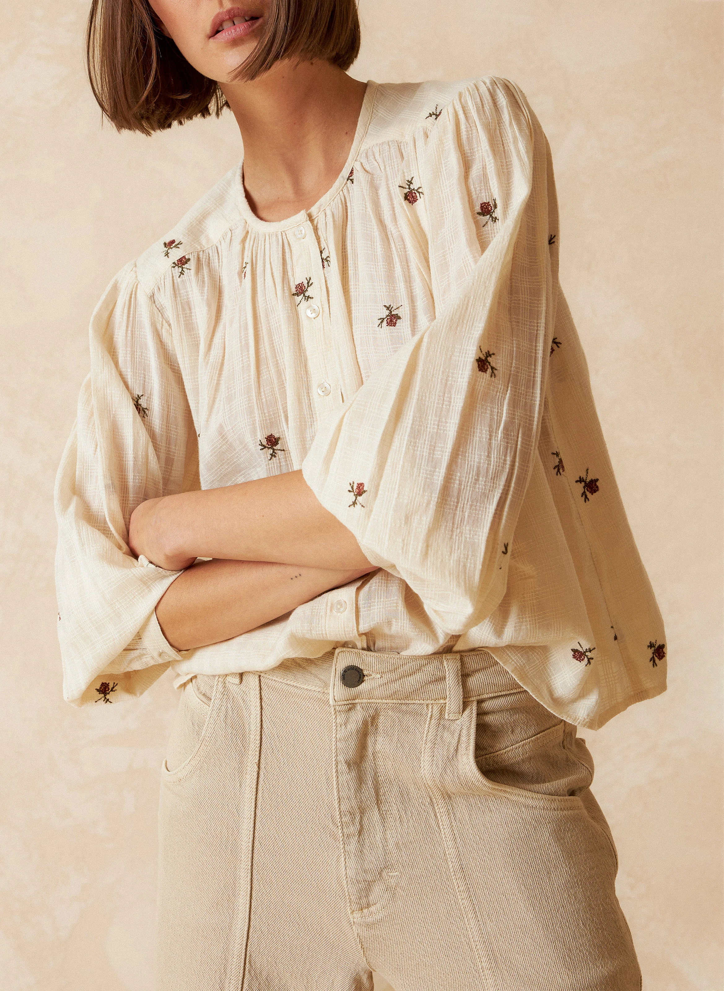 Chemise ample col rond brodée en coton | Blanc