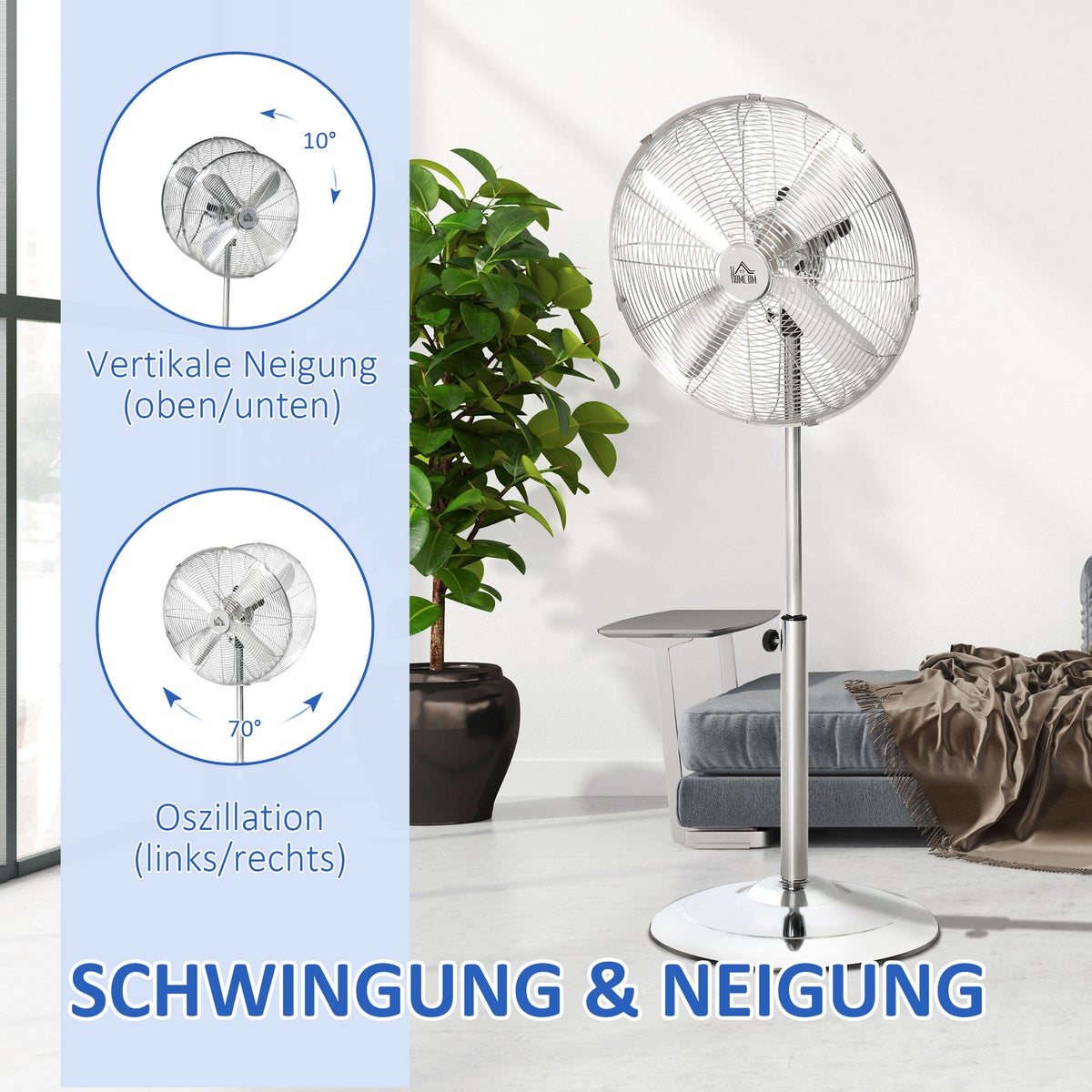 HOMCOM Staande ventilator, in hoogte verstelbaar, 3 snelheidsstanden, verstelbare kantelhoek, 44,5 cm x 44,5 cm x 87-120 cm, staal, zilver