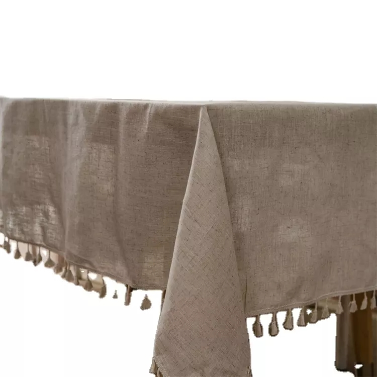 (140x260cm) Canvas Tischdecke Esszimmer Boho Deko Hygge Lifestyle Tisch Tuch mit Quasten - Beige