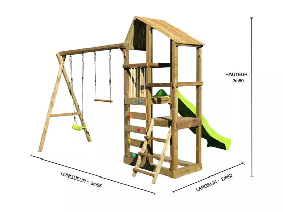KANGUI Tour de jeux en bois WOUPI avec balançoire, trapère, mur d'escalade et cabane