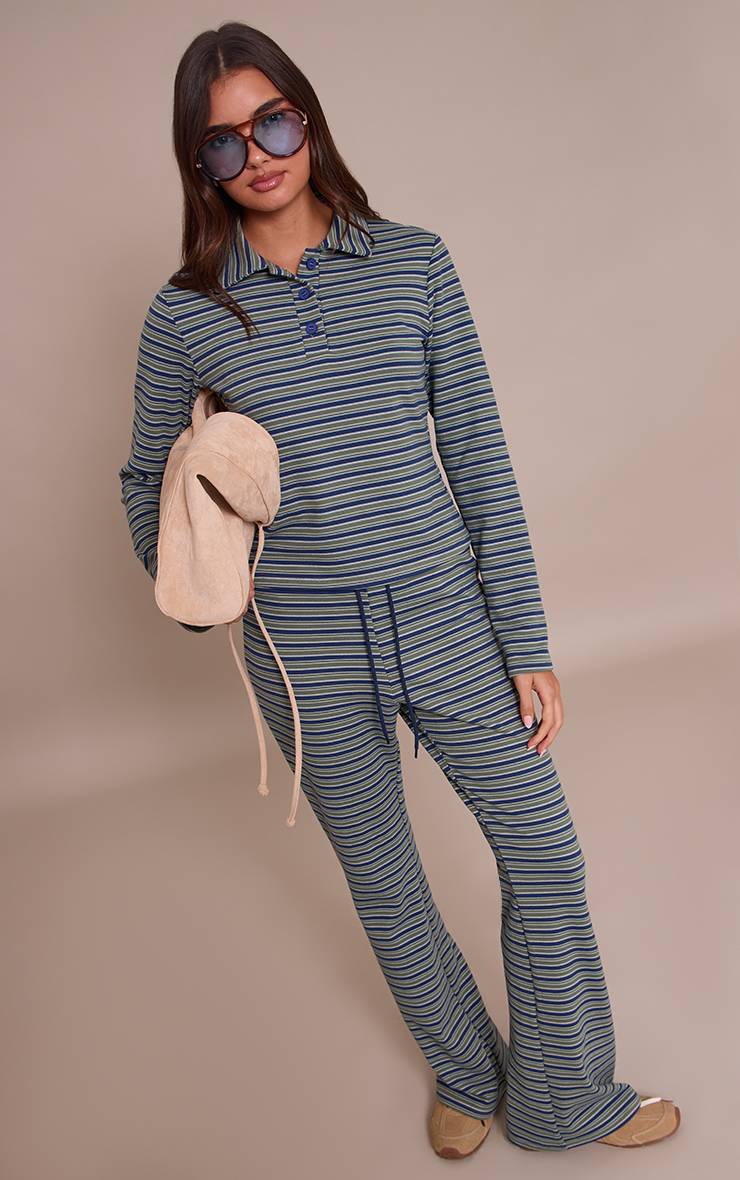 Vert Pantalon Évasé Ajusté En Molleton Doux À Fines Rayures
