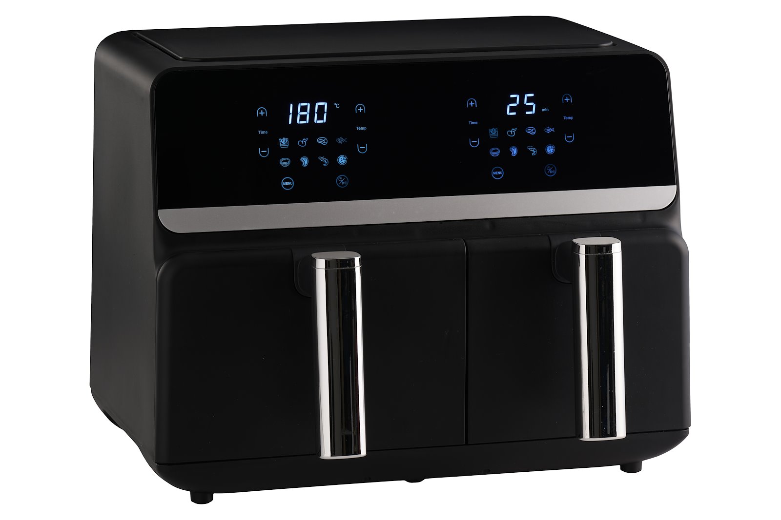 DAY Airfryer dobbel 5,5 liter + 3,5 liter, 80-200 grader justerbar temperatur. Timer: 0-60 minutter. Digital touch skjerm, 8 ulike programmer. 2200W.