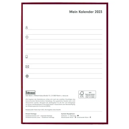 Idena Buchkalender A5 Basic burgund FSC-Mix, 2023