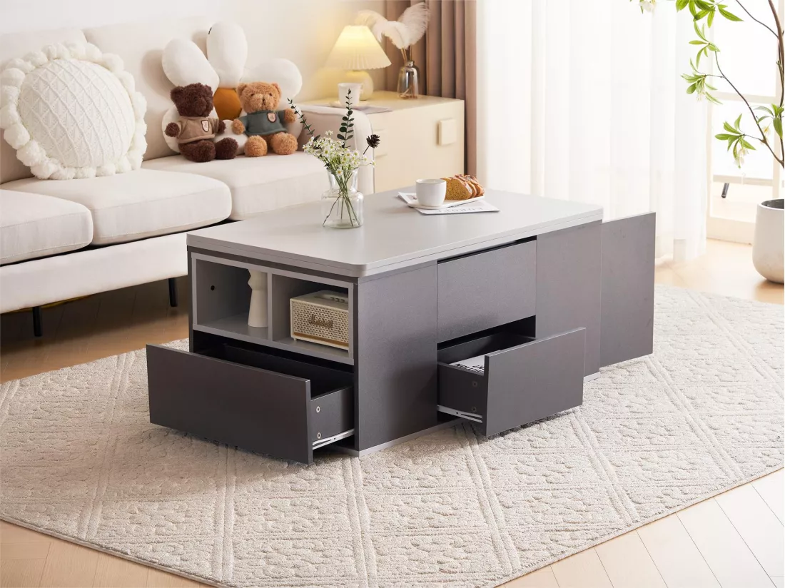 Table basse - plateau relevable - 2 niches & 3 tiroirs - bois panneaux de particules - gris