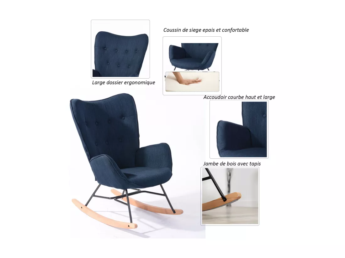 MEUBLES COSY Fauteuil à Bascule Allaitement Rocking Chair Scandinave Chaise Loisir Revêtement en Tissu avec Pieds en Bois Massif pour Salon, Chambre, Le balcon, Bleu Foncé