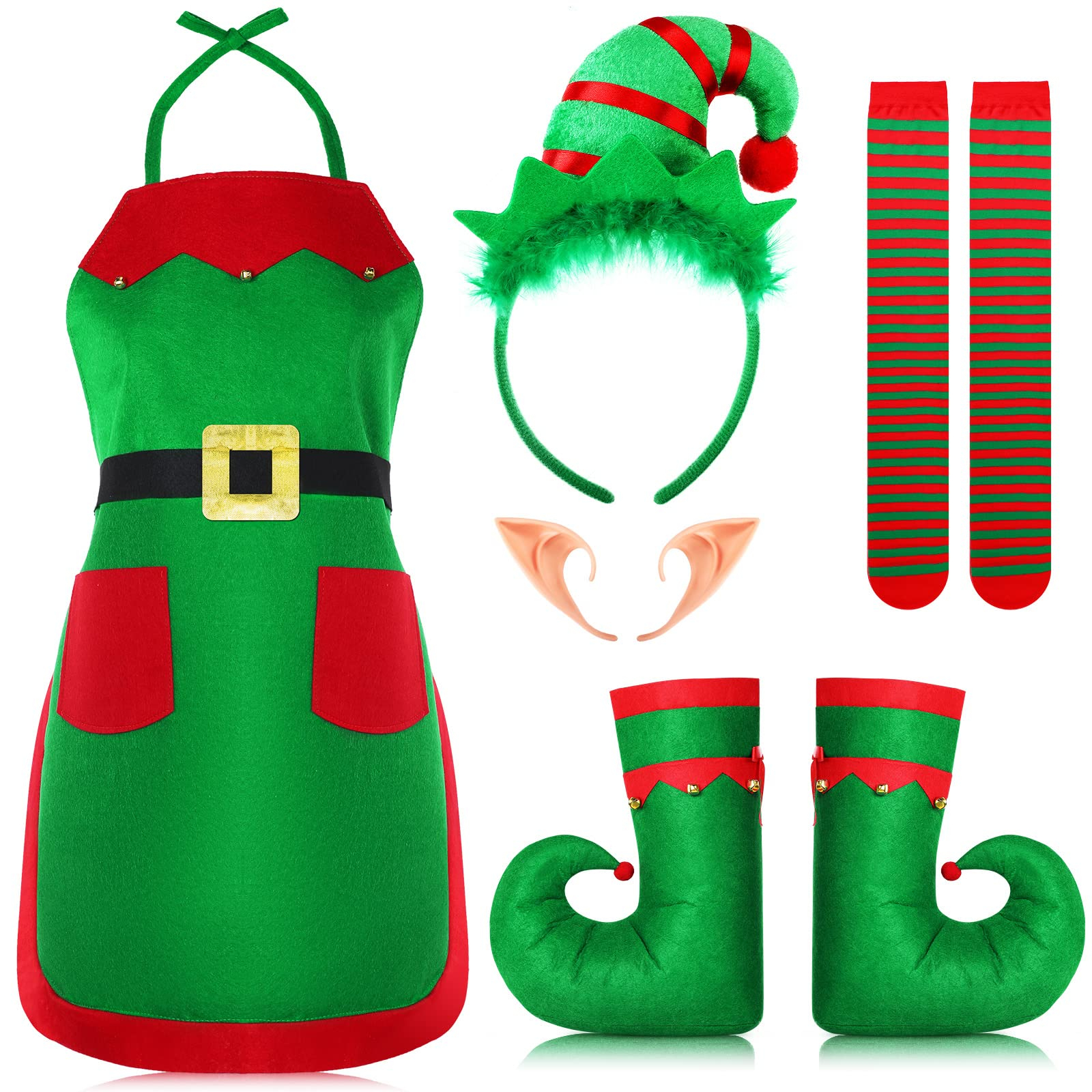 (8-tlg. Set) Christmas Erwachsen Kostüm Weihnachts Elfen Verkleidung inkl. Schürze / Strümpfe / Hausschuhe / Haarreif / Ohren (OneSize)