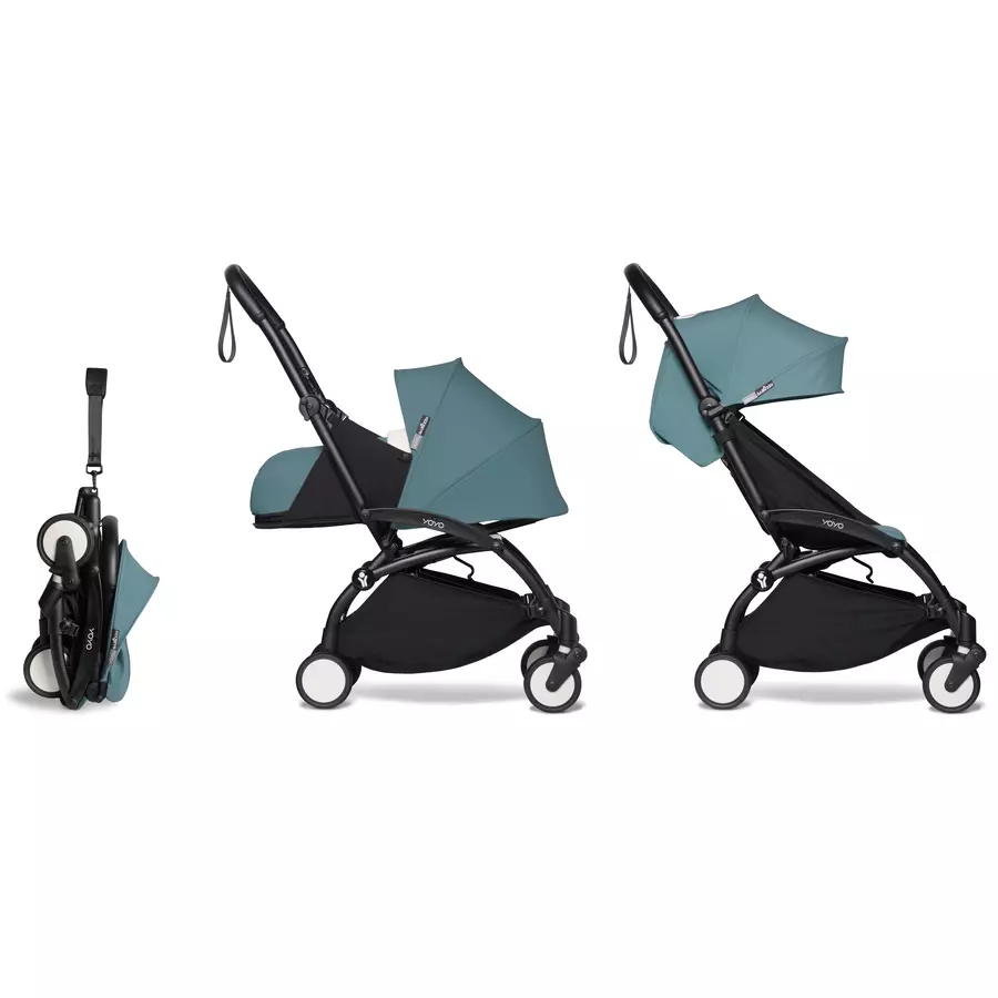 BABYZEN Kinderwagen YOYO2 0+ Black mit Neugeborenenaufsatz und Textilset Aqua