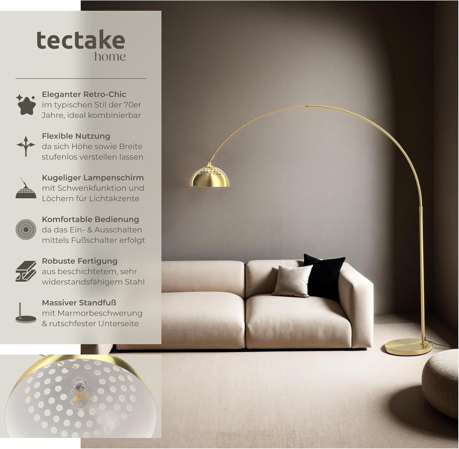 tectake® Bogenleuchte, Bogenlampe, Stehlampe Wohnzimmer, Esszimmerlampe modern, Schirmlampe hängend, Retro Vintage Optik, Lampe Esszimmer, Standleuchte, Standlampe - gold