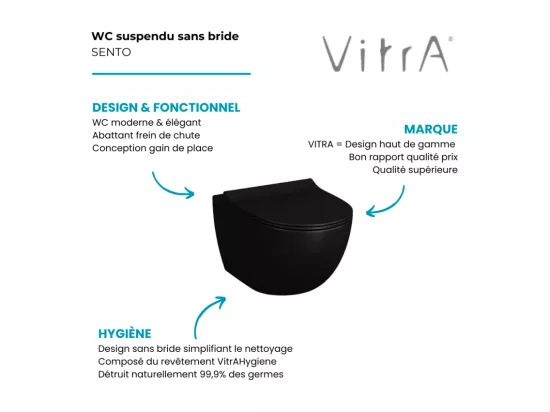 WC suspendu sans bride VITRA Sento noir mat + abattant