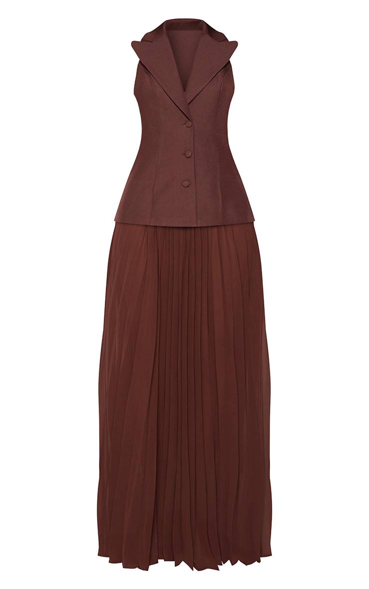 Chocolat Robe Maxi Plissée En Mousseline Avec Corsage Sans Manches En Tissu Tissé