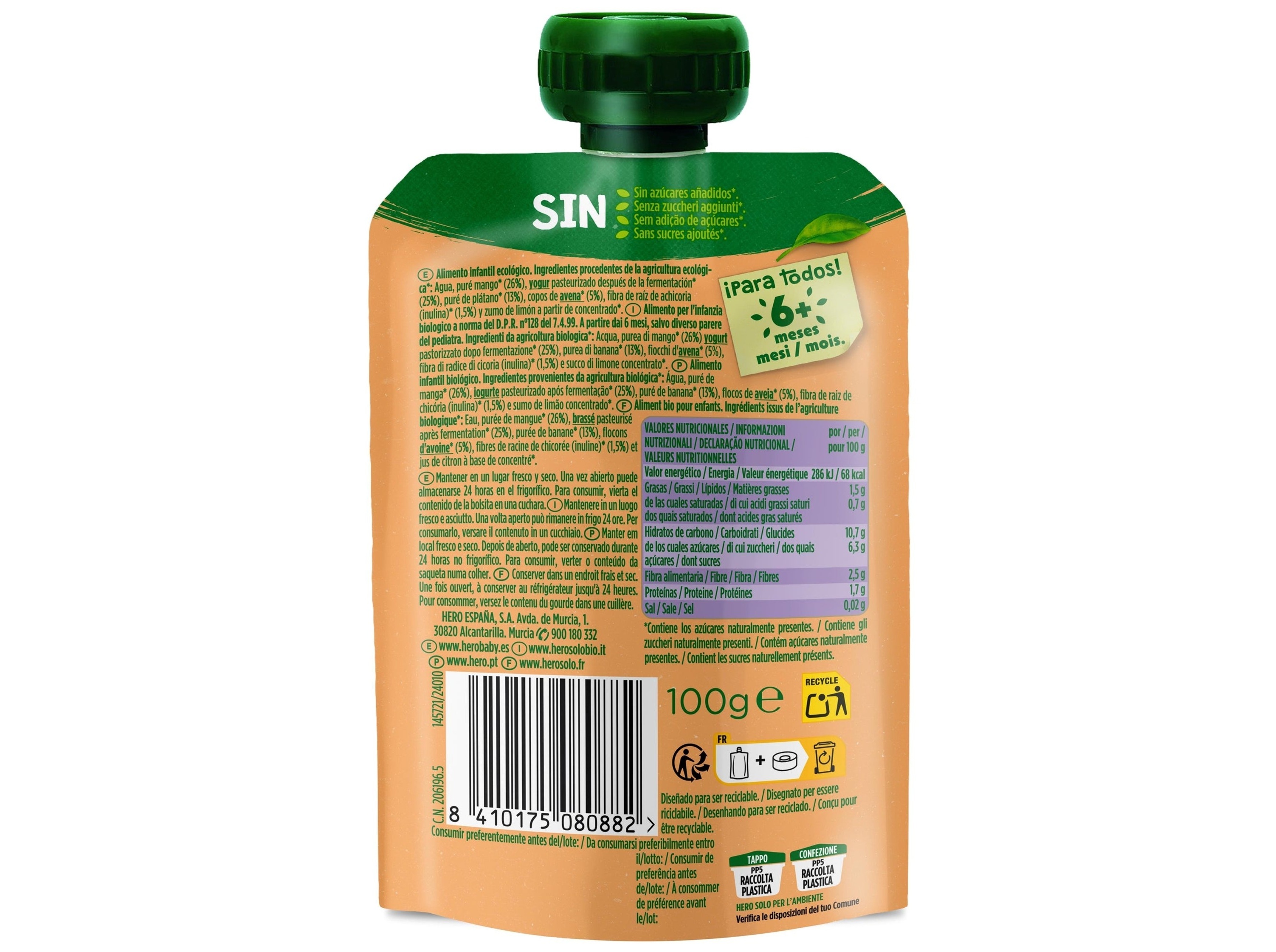 SAQUETA FRUTA HERO SOLO BIO NUTRIFLORA MANGA IOGURTE AVEIA E BANANA 100G