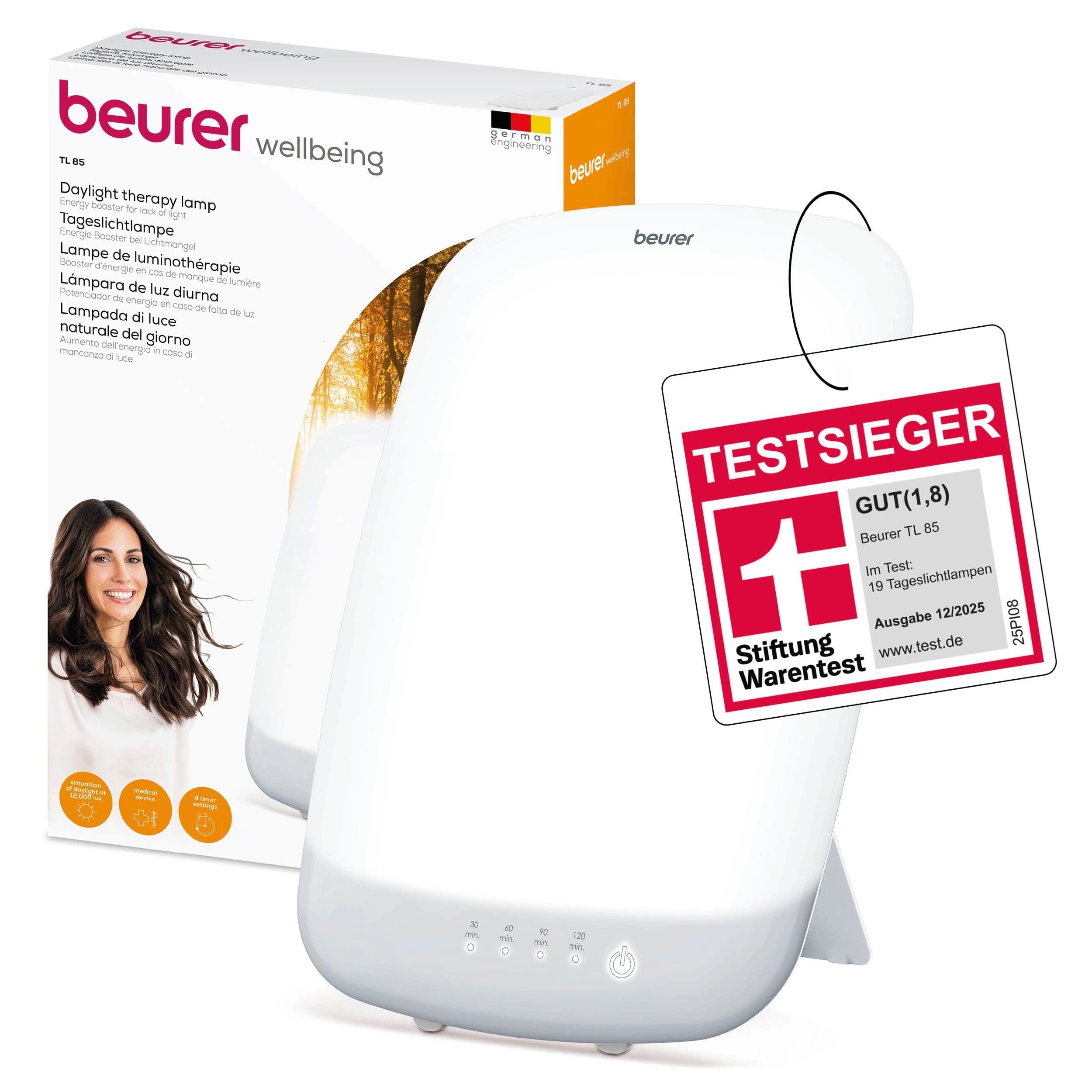 TL 85 Tageslichtlampe Lichttherapie zur Tageslicht Simulation mit 4 Lichtstufen (60842) - Weiss