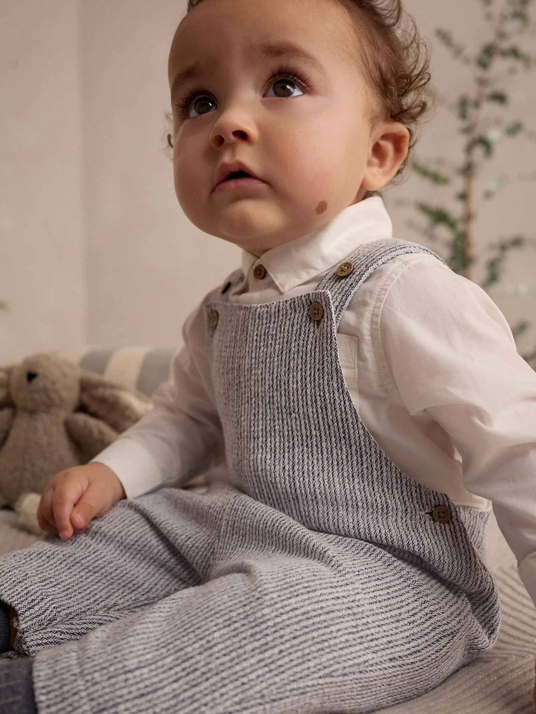 Grijs/wit - Geweven babyset van 100% katoenen bretelbroek en bodysuit (0mnd -3jr)
