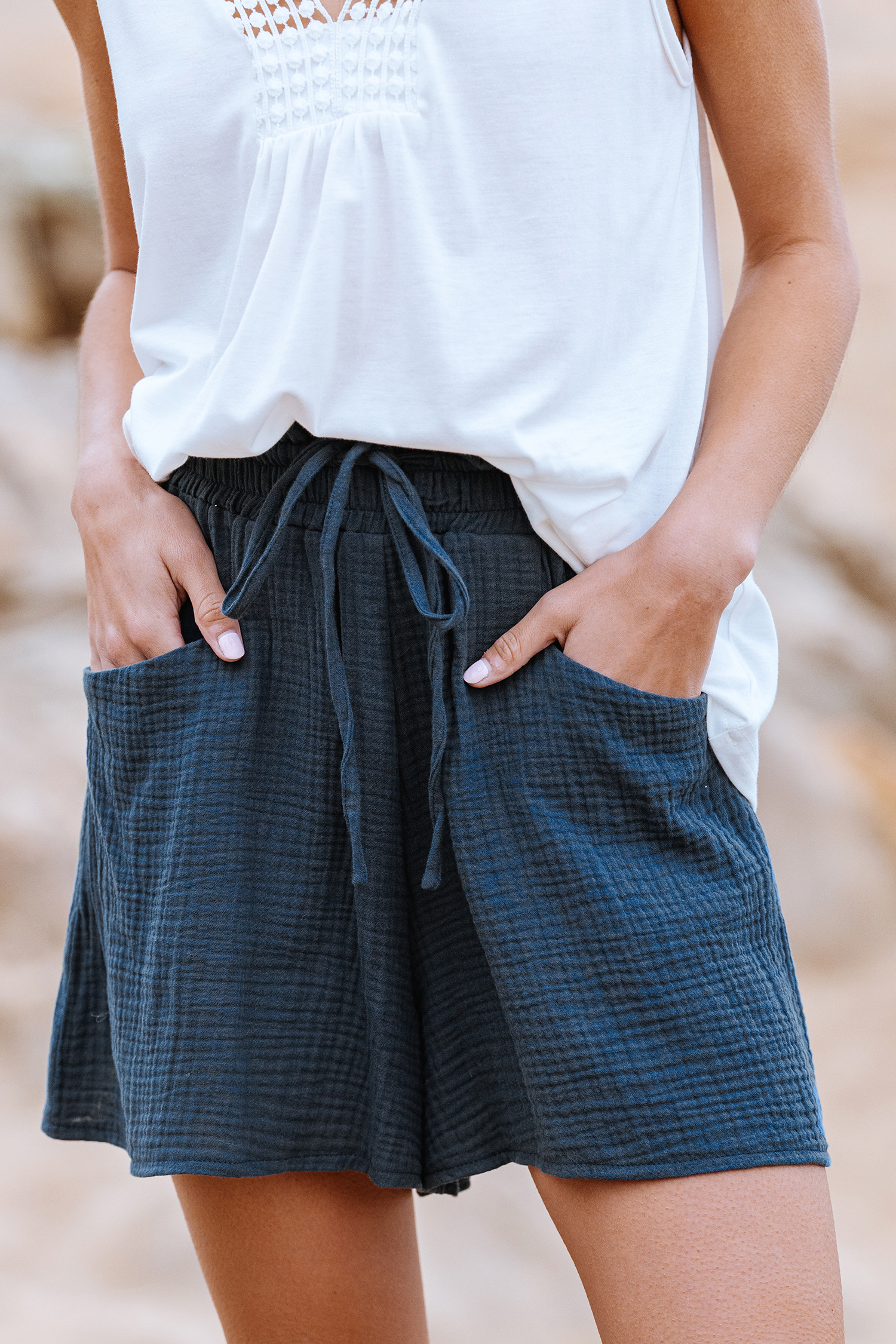 Short évasé en pur coton et froissé bleu