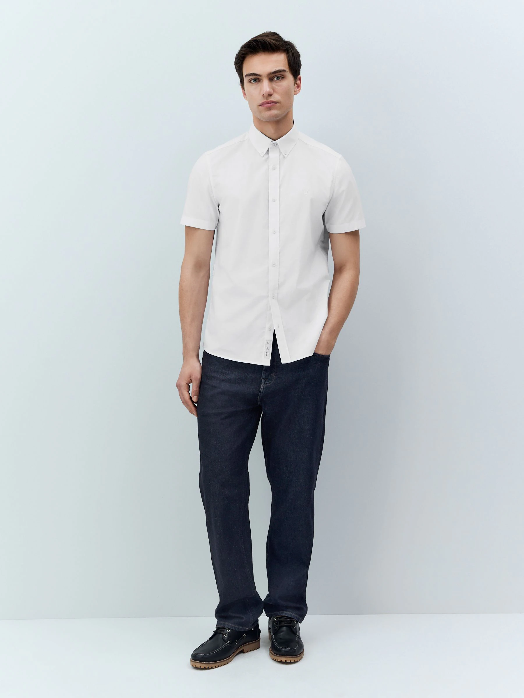 Wit - Oxford overhemd met stretch en korte mouwen
