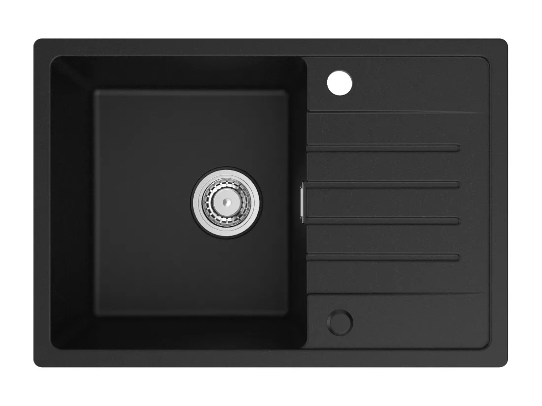 Noir Evier à Encastrer 1 Bac avec Egouttoir, Quartz et Résine, 65x45cm + Mitigeur avec Douchette Extractible, Brossé
