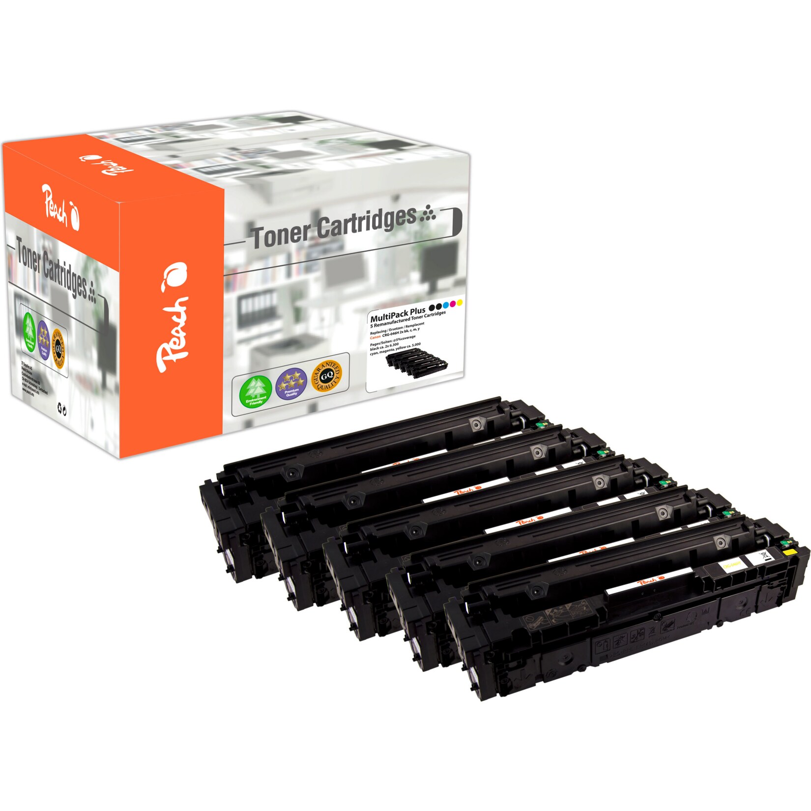Peach HP 046 H 5 Toner XL (2*bk, c/m/y) ersetzt Canon CRG-046H, 1254C002*2, 1253C002, 1252C002, 1251C002 für z.B. Canon ISensys LBP -650 (wiederaufbereitet)