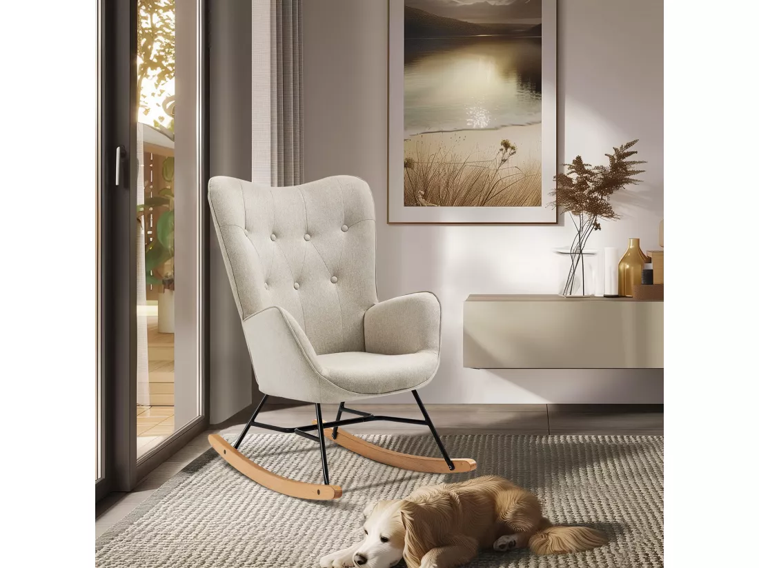 MEUBLES COSY Fauteuil à Bascule Allaitement Rocking Chair Scandinave Chaise Loisir Revêtement en Tissu avec Pieds en Bois Massif pour Salon, Chambre, Le balcon, Beige