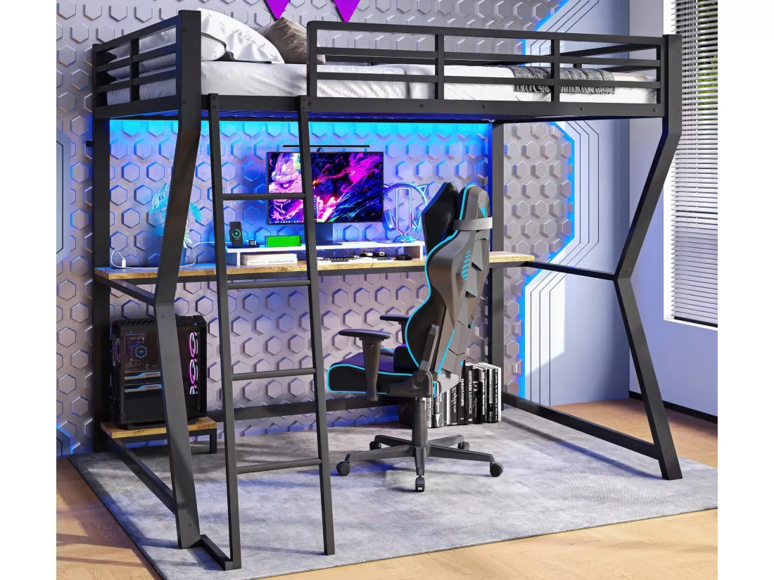 Lit mezzanine 90x200cm avec LED et prises - bureau + escalier - Noir