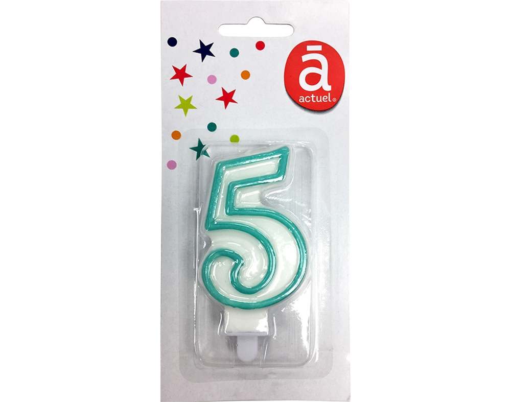 VELA DE ANIVERSÁRIO ACTUEL BRANCO COM REBORDO AZUL NÚMERO 5