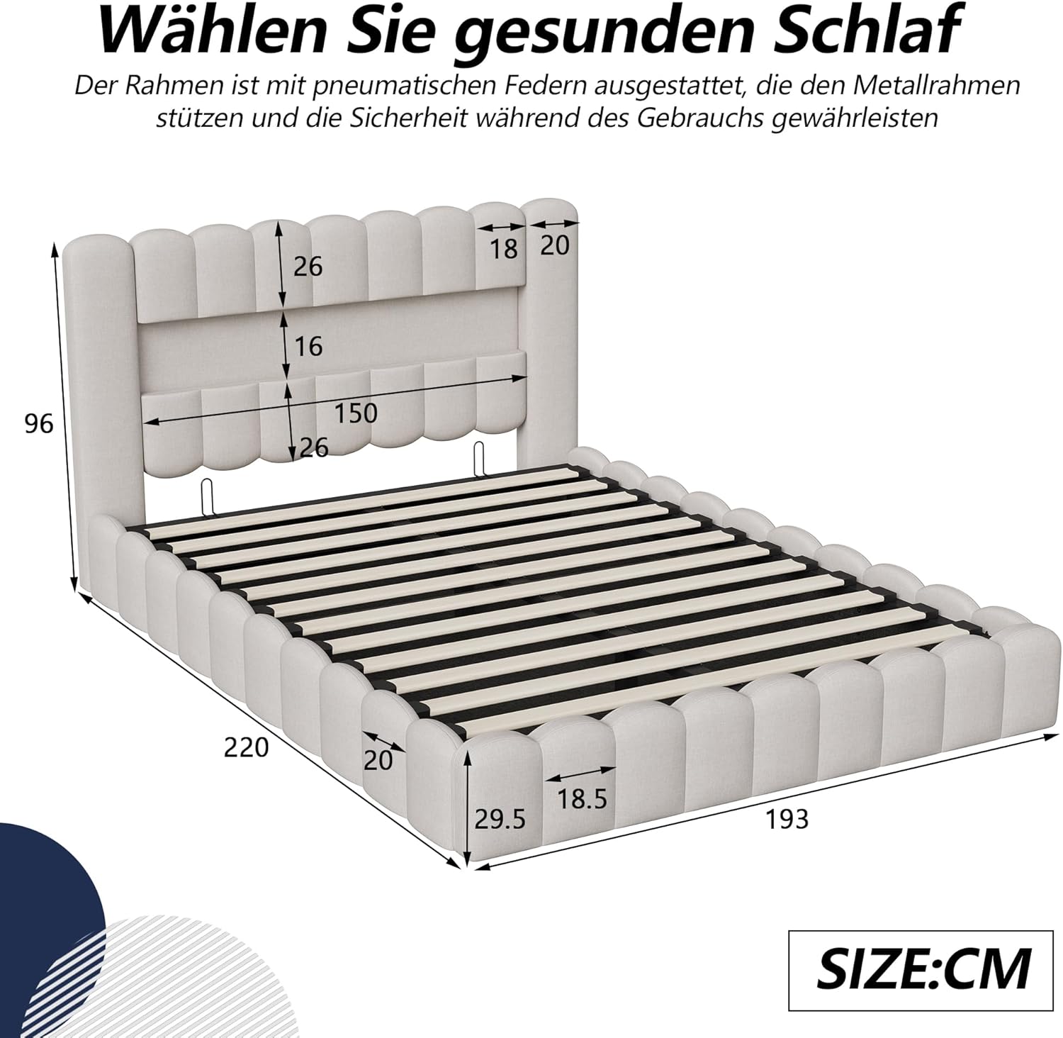 Polsterbett 180x200 cm, Hydraulisch Stauraumbett, Doppelbett mit LED und USB, Jugendbett mit Stauraum Kopfteil, Bettgestell mit Lattenrost, Leinen (Beige, 180 x 200 cm)