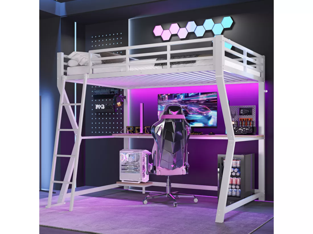 Lit mezzanine 90 x 200 cm avec bureau, prise+USB et étagères - Lumière d'ambiance - Métal - Blanc (sans matelas)