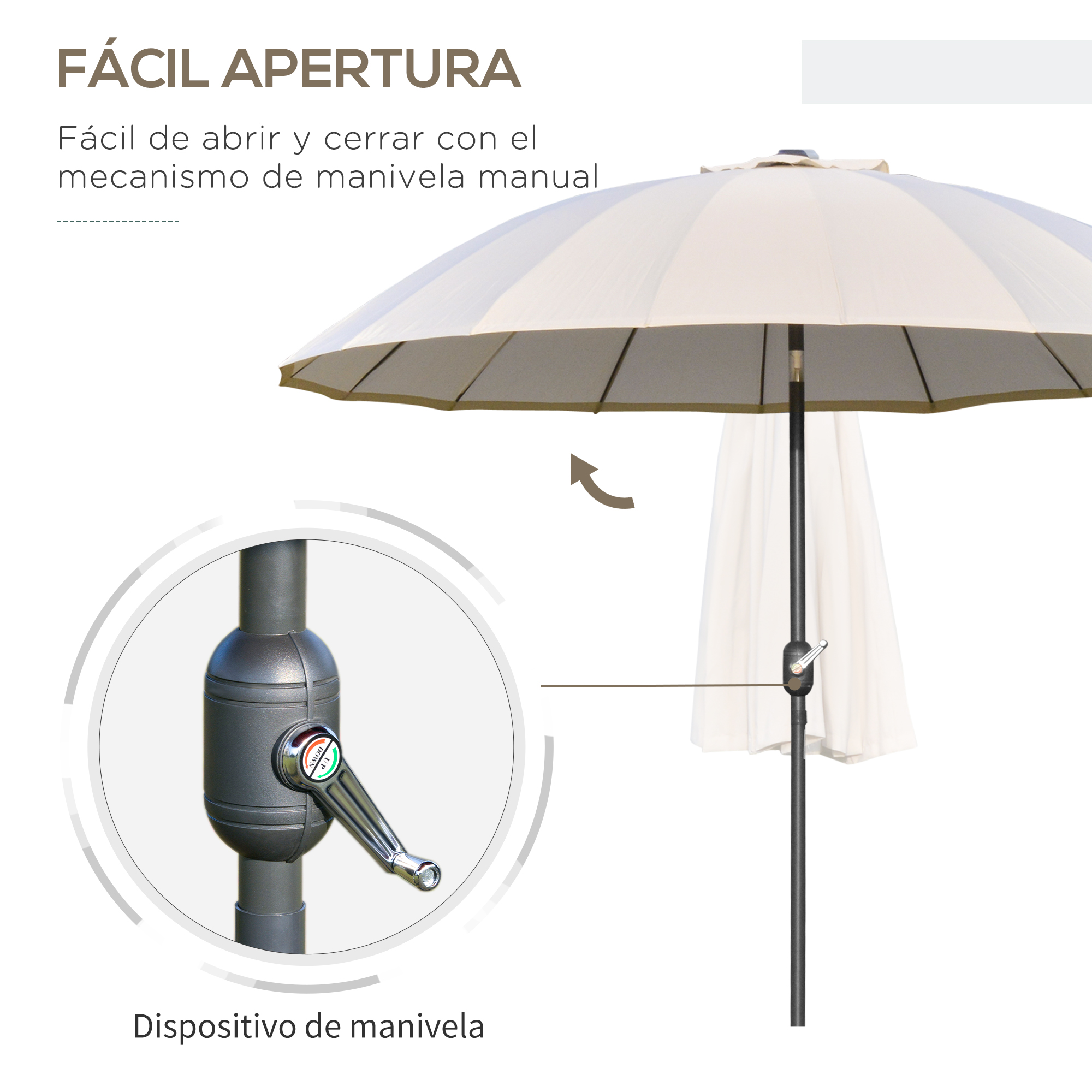 Guarda-sol de jardim Outsunny Ø250x240 cm com manivela, guarda-sol externo com mecanismo de inclinação e mastro de metal removível para terraço, piscina e pátio, cor creme.