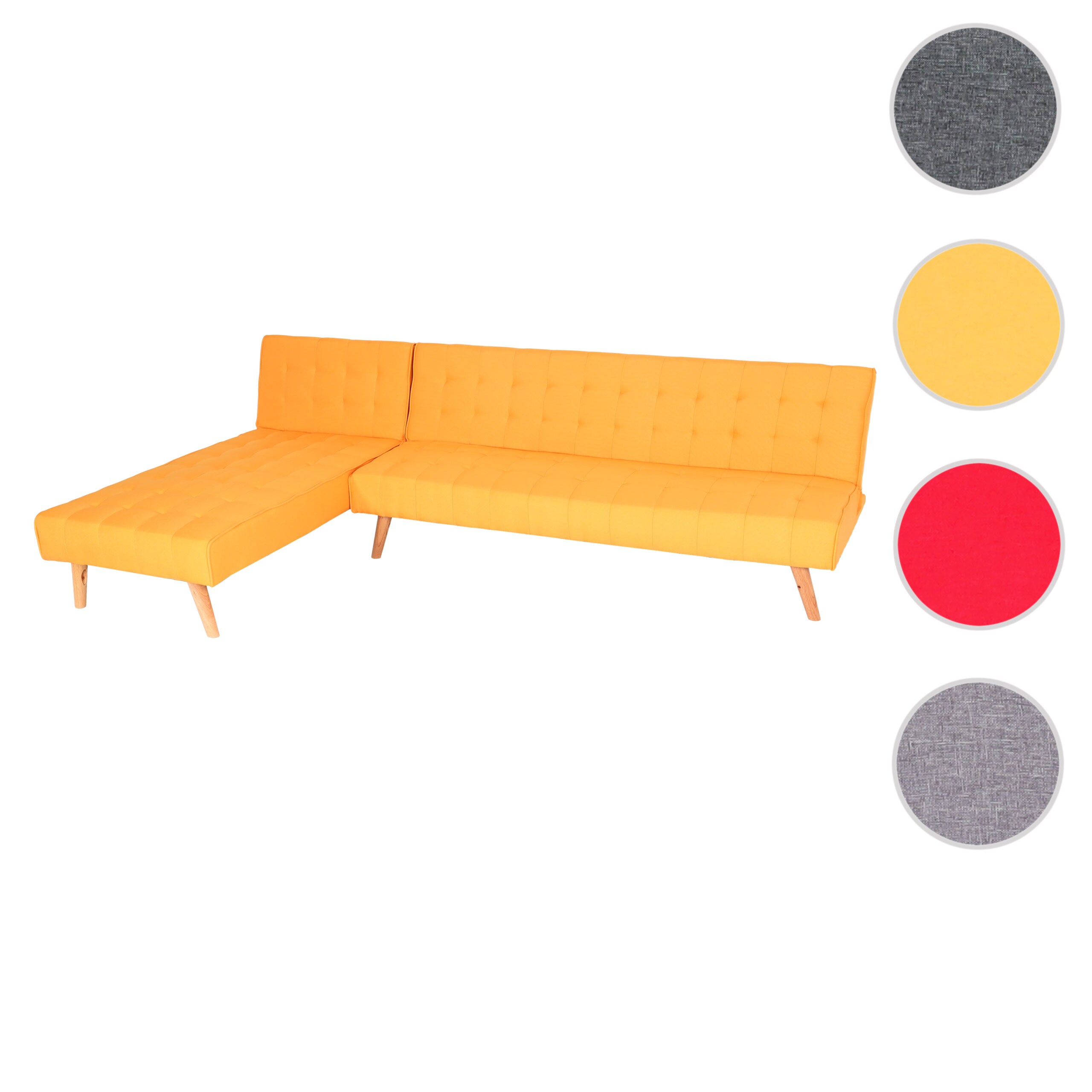 Ecksofa MCW-K38, Sofa Klappsofa, Liegefläche links/rechts, Stoff/Textil Massivholz MVG zertifiziert 256cm ~ gelb