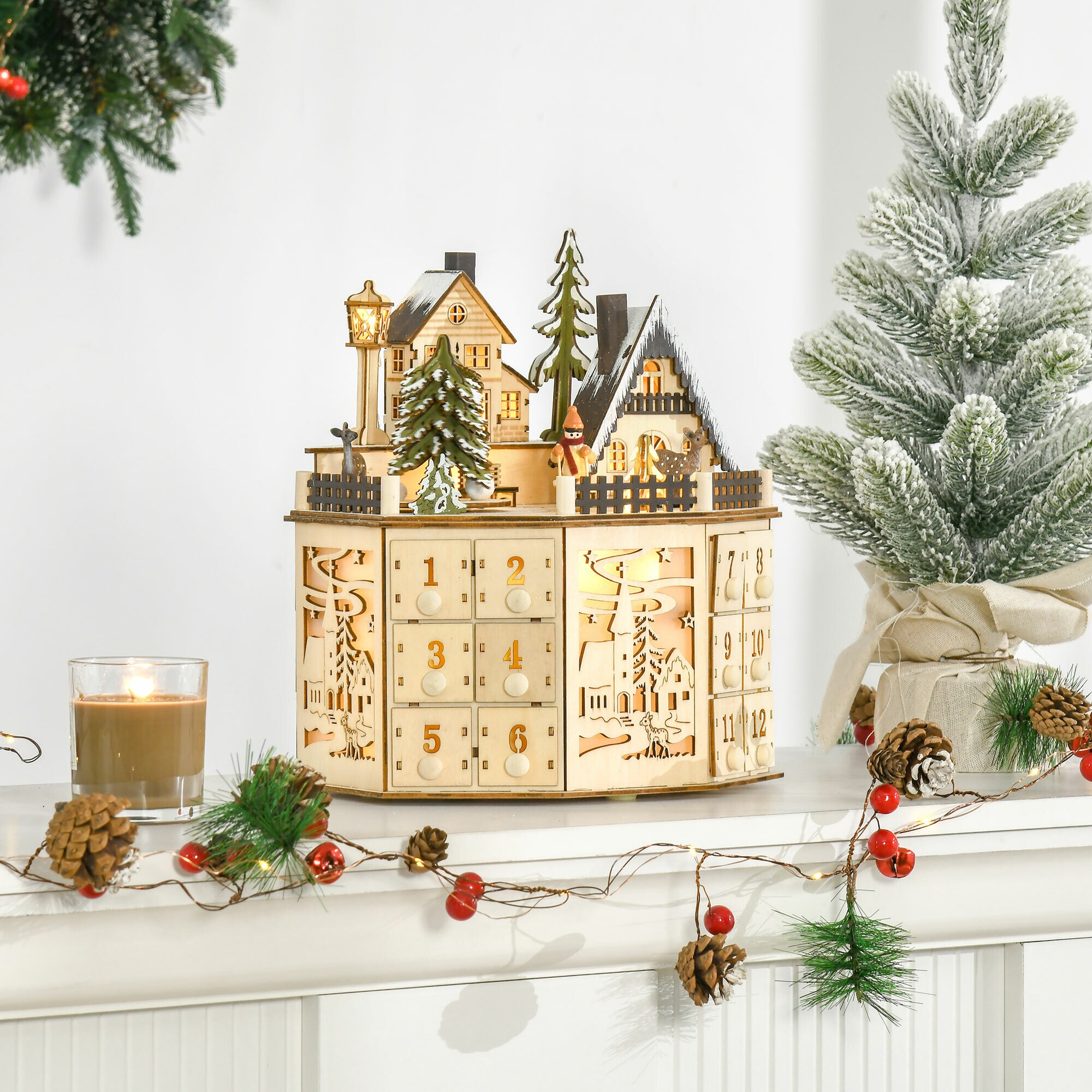 HOMCOM Adventskalender mit LED Lichtern und kleinem Dorf natur 25B x 20T x 29H cm