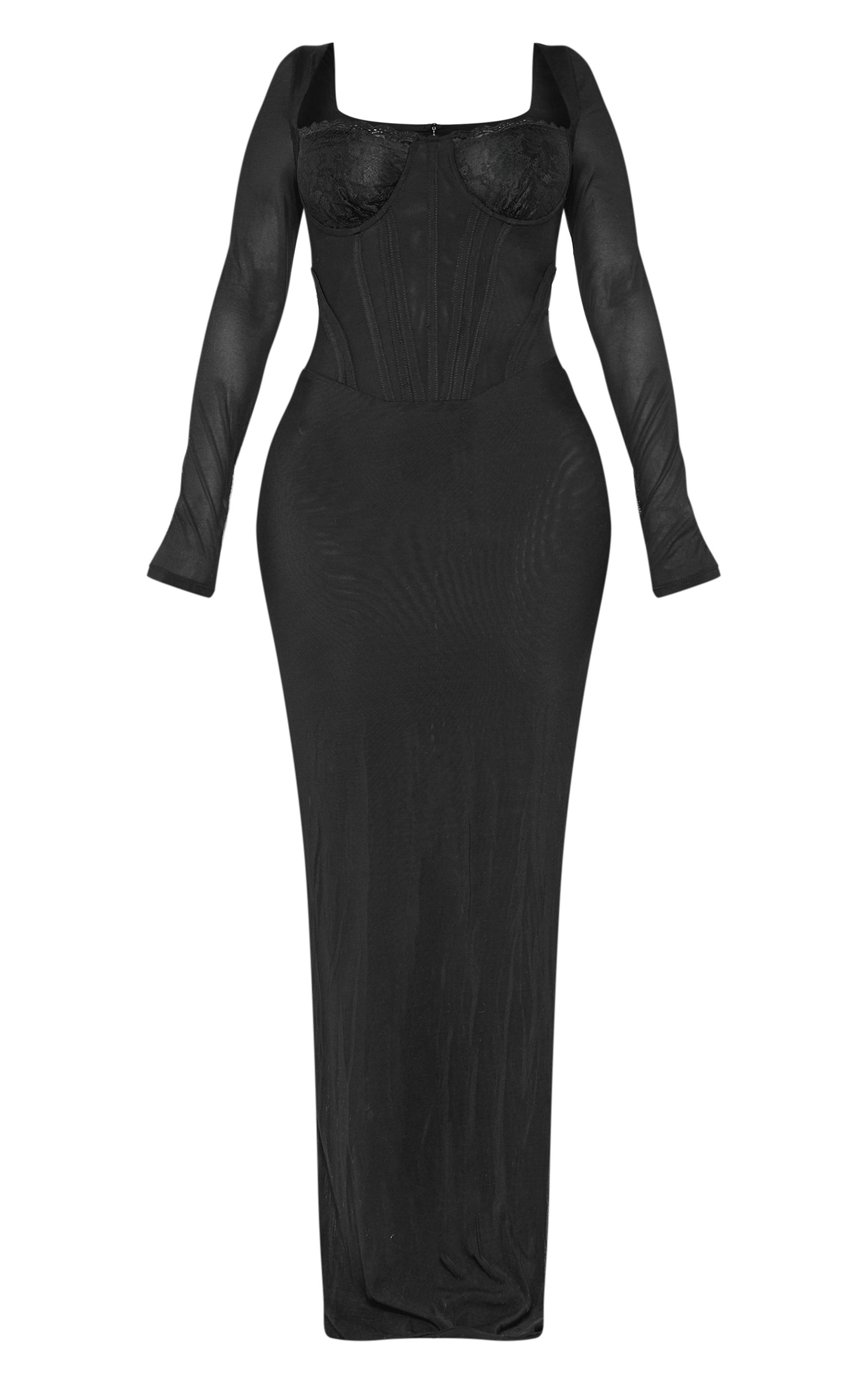 Noir Robe Longue Corsetée En Mesh Avec Empiècement En Dentelle Shape