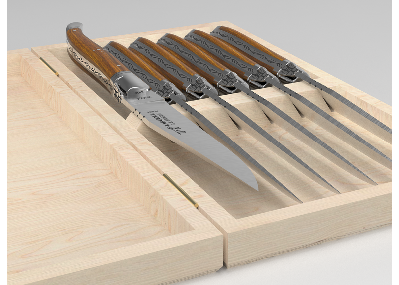 Service de 6 couteaux Laguiole avec un manche en bois de gaïac et mitres en acier inoxydable