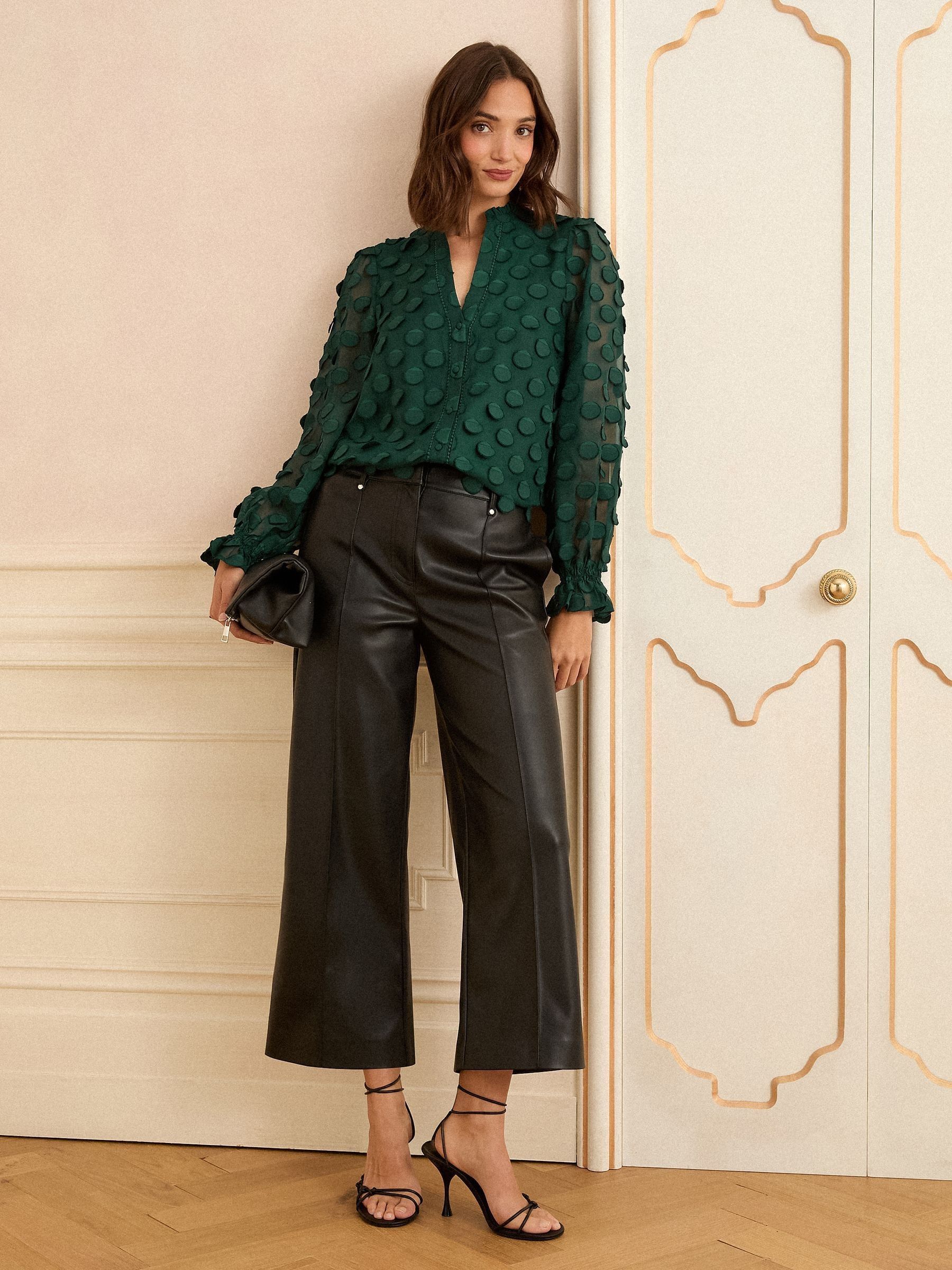 Donkergroen - Love & Roses 3D blouse met lange mouwen en stippen