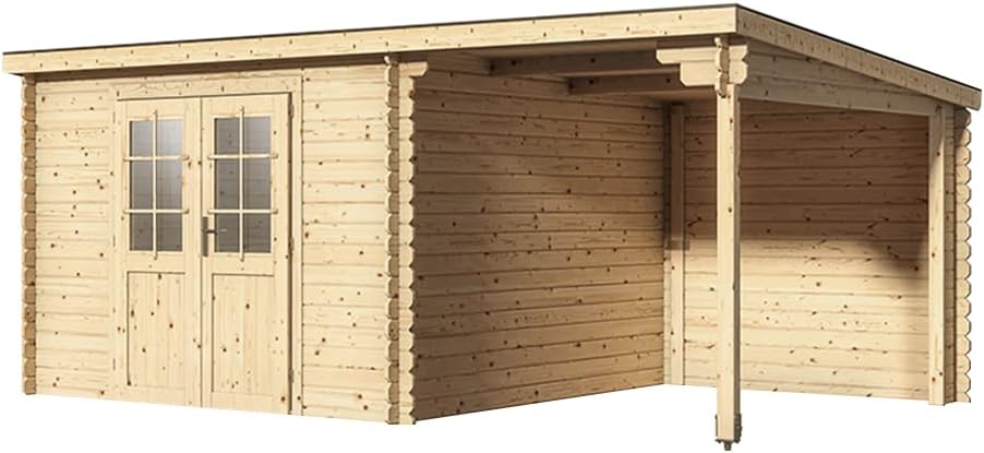 Holz Gartenhaus Blockbohlenhaus CA2976 | Wandstärke 28 mm | Naturbelassen | Mit 2 m Anbau | B x T x H: 496 x 309 x 204 cm | Doppeltür Mit Echtglas