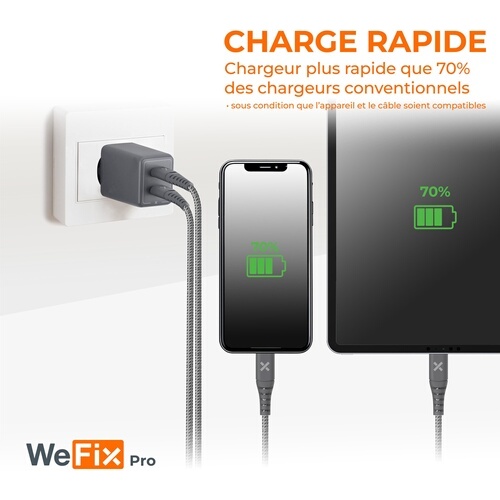 Chargeur pour téléphone mobile Wefix Pro CHARGEUR SECTEUR GaN 45W USB-C & USB-A
