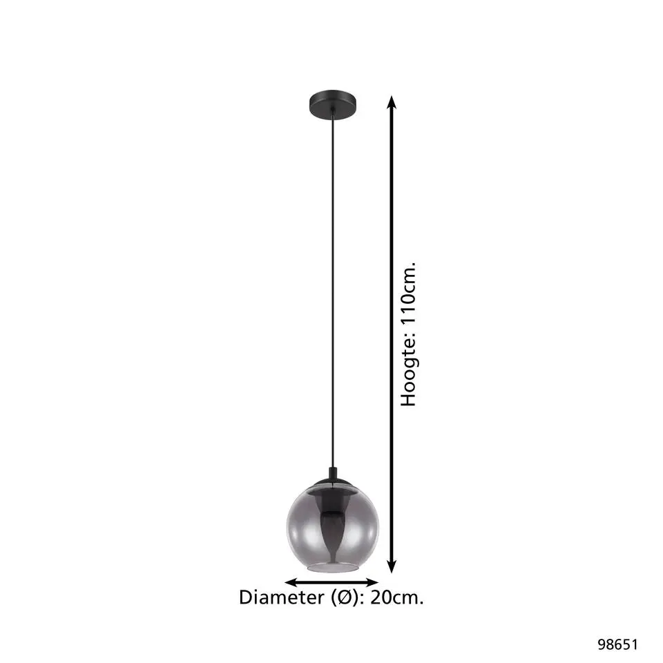EGLO Ariscani Hanglamp - E27 - Ø 20 cm - rookglas - Zwart