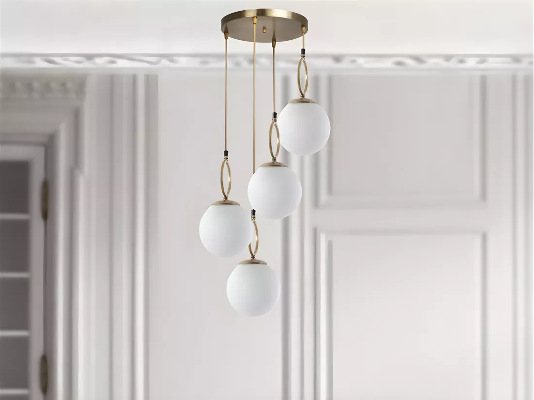Lustre en métal 4 globes - D. 30 x H. 70 cm - Blanc et cuivre - ASROUN