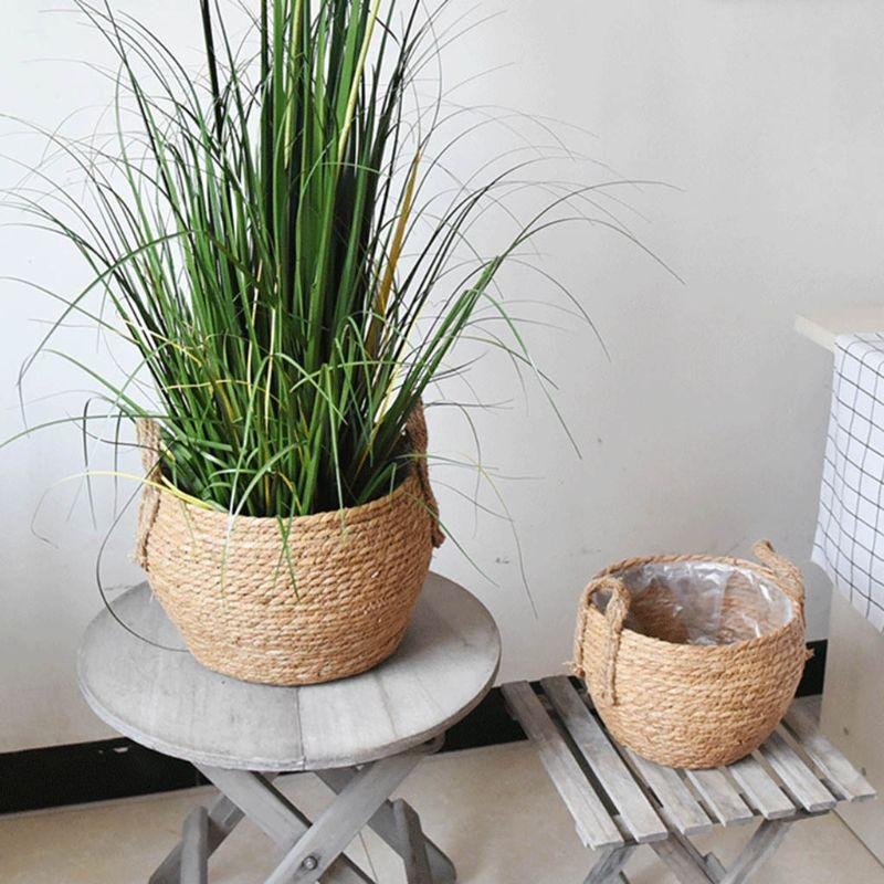 (Ø24cm) Rattan Boho Blumentopf Korb Hygge Lifestyle Pflanzen Übertopf mit Folie - Braun